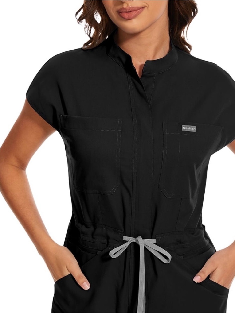 Black Short-Sleeve Utility Jumpsuit with Drawstring Waist - Picture 2 of 7